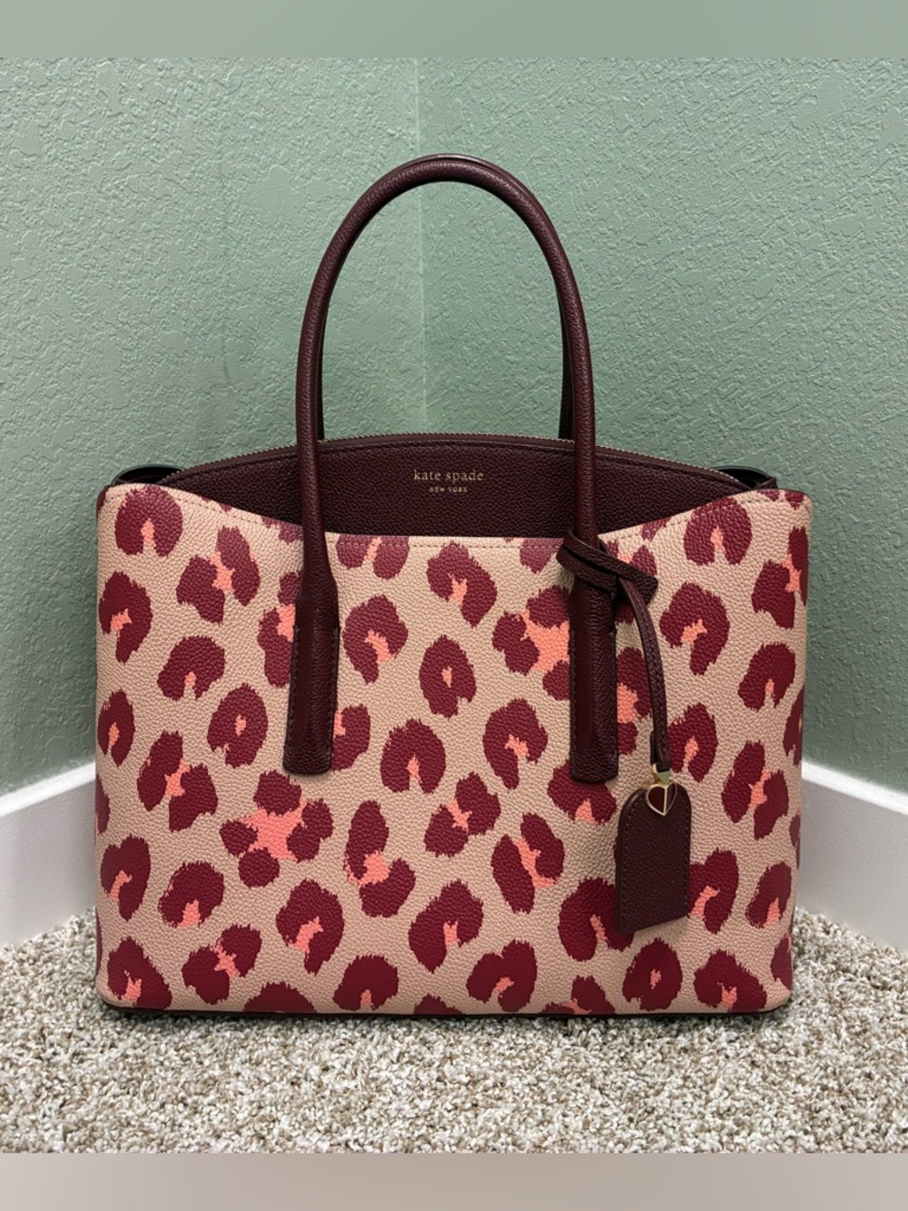 kate spade Pink and Burgundy Leopard Print Tote with Coral Accents